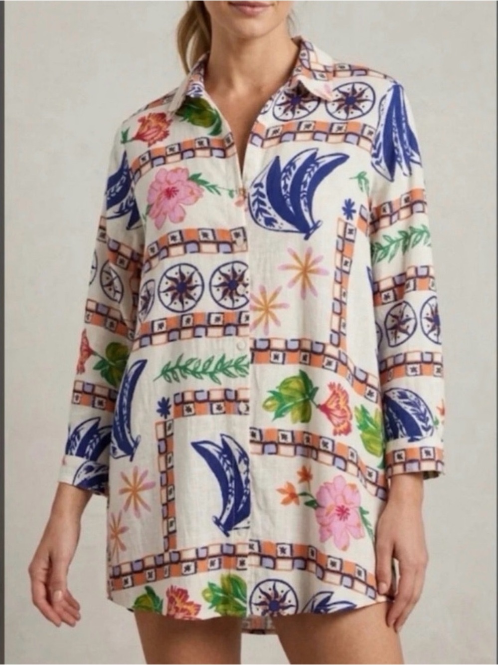 Label of Love Tropical Linen Blend Button Front Tunic Cover Up Shirt Dress Large